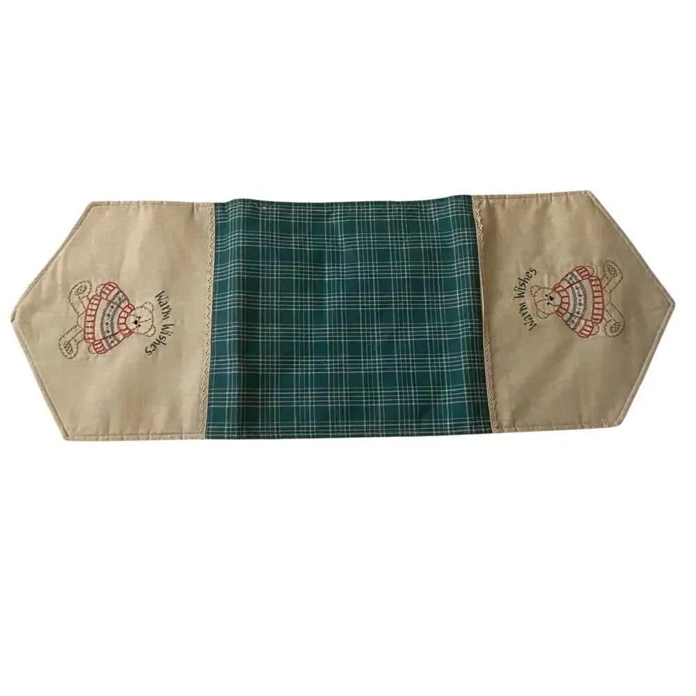 Vintage table runner for side table that reads “Warm Wishes” w teddy bear design